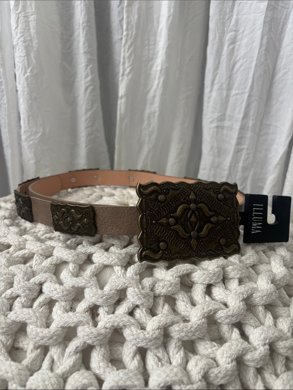 Lilliana Taupe Leather Belt with Ornate Antique Brass Buckle